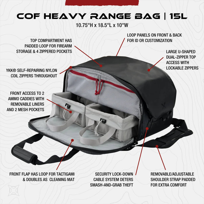 An infographic detailing the various compartments and technical features of the vertx cof bag, highlighting the lockable zippers, ammo caddies, and specialized weapon sleeve.