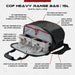 An infographic detailing the various compartments and technical features of the vertx cof bag, highlighting the lockable zippers, ammo caddies, and specialized weapon sleeve.