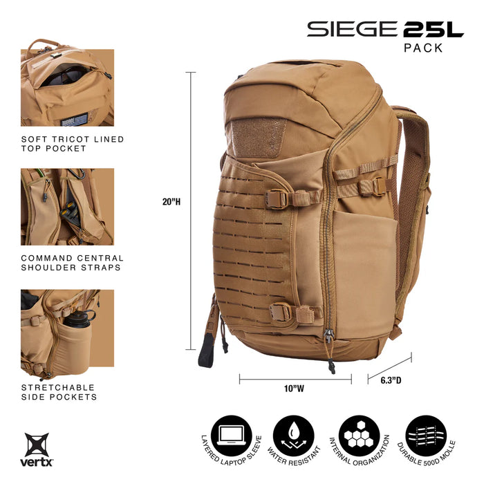 An infographic details the dimensions of the Vertx Siege 25L tactical backpack in Coyote, featuring command central shoulder straps, stretchable side pockets, and a tricot-lined top pocket