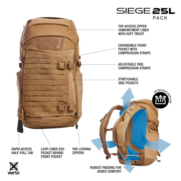 An infographic displays the features of the Vertx Siege 25L tactical backpack in Coyote, highlighting the rapid access pull tab and expandable storage