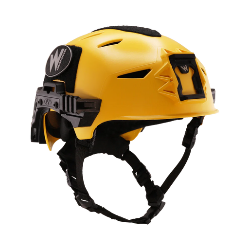 Angled side view of the yellow Team Wendy EXFIL Rescuer helmet.