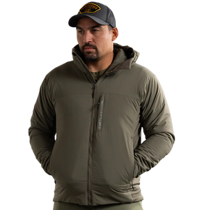 Angled view of the Eberlestock Alturas Hooded Jacket in Ranger Green.