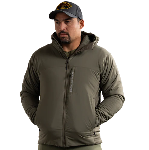 Angled view of the Eberlestock Alturas Hooded Jacket in Ranger Green.