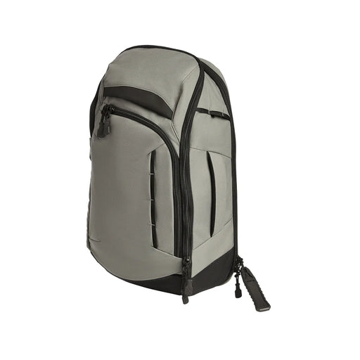 An angled view from the right side displaying the Gamut 22L Crossbody Bag in the Slate Grey and Black colorway, highlighting the distinct two-tone design and low-profile side silhouette.