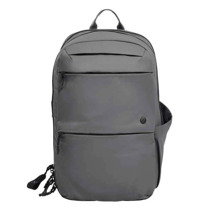 A frontal shot of the Any Day Backpack Vertx in a clean Wolf Grey color, highlighting the streamlined urban design and the dual front zippered pockets for easy gear organization.