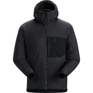 a product image of the arcteryx leaf atom it hoody gen 2.1 in the color black and showcasing how it is like from the front view with it's hoodie in tucked position as it is not used and with the armsleeves folded half way as if it is holding something.