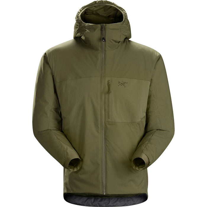 a product image of the arcteryx leaf atom it hoody gen 2.1 in the color ranger green and showcasing how it is like from the front view with it's hoodie in tucked position as it is not used and with the armsleeves folded half way as if it is holding something.