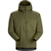 a product image of the arcteryx leaf atom it hoody gen 2.1 in the color ranger green and showcasing how it is like from the front view with it's hoodie in tucked position as it is not used and with the armsleeves folded half way as if it is holding something.