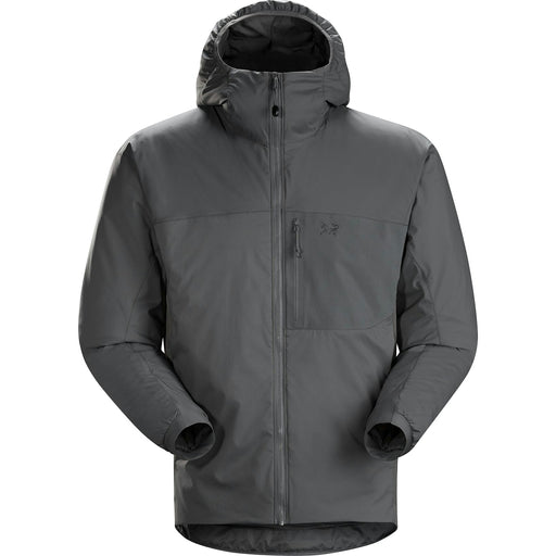 a product image of the arcteryx leaf atom it hoody gen 2.1 in the color wolf and showcasing how it is like from the front view with it's hoodie in tucked position as it is not used and with the armsleeves folded half way as if it is holding something.