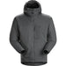 a product image of the arcteryx leaf atom it hoody gen 2.1 in the color wolf and showcasing how it is like from the front view with it's hoodie in tucked position as it is not used and with the armsleeves folded half way as if it is holding something.