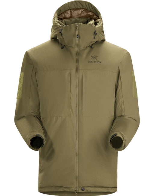 Front view of the Arcteryx Pro Cold WX Jacket SV Gen 1.4 in crocodile color showing the insulated hood, vertical chest pockets, and Velcro arm patches for identification.