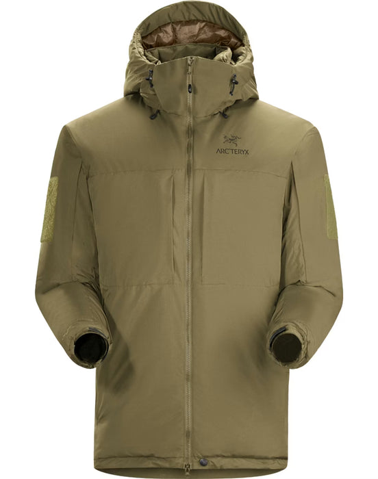 Front view of the Arcteryx Pro Cold WX Jacket SV Gen 1.4 in crocodile color showing the insulated hood, vertical chest pockets, and Velcro arm patches for identification.