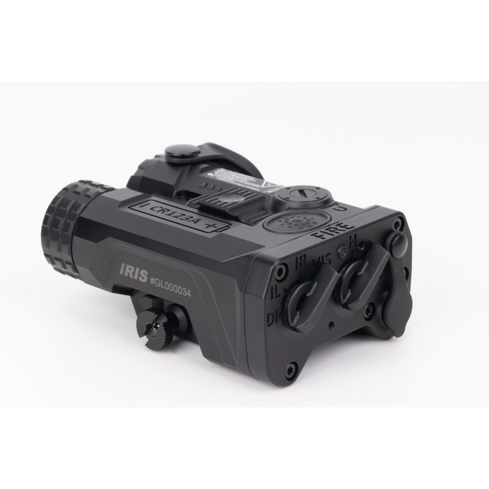 A back-left isometric view of the black Holosun IRIS, showcasing this advanced holosun ir laser illuminator with its rear mode selector knobs and the distinct IRIS logo printed clearly on the side panel.