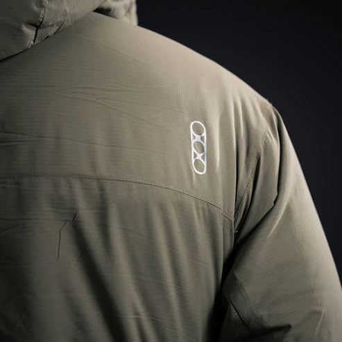 Back right view of the Eberlestock Alturas Hooded Jacket with the logo in the foreground.