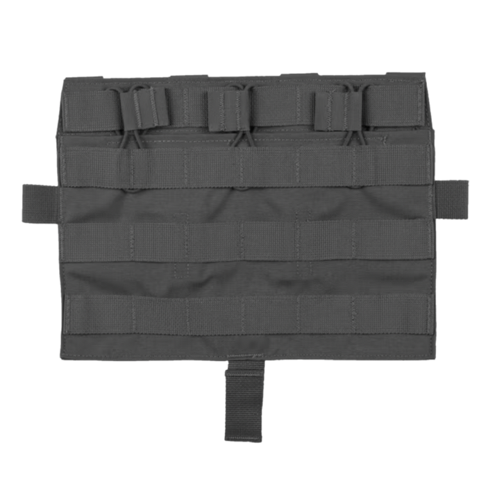 A back-facing view of the multicam black Crye AVS Flap, displaying the large, heavy-duty hook-and-loop backing and top webbing attachment loops used to securely fasten the panel to a plate carrier.