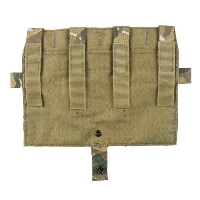 A back-facing view of the multicam Crye AVS Flap, displaying the large, heavy-duty hook-and-loop backing and top webbing attachment loops used to securely fasten the panel to a plate carrier.