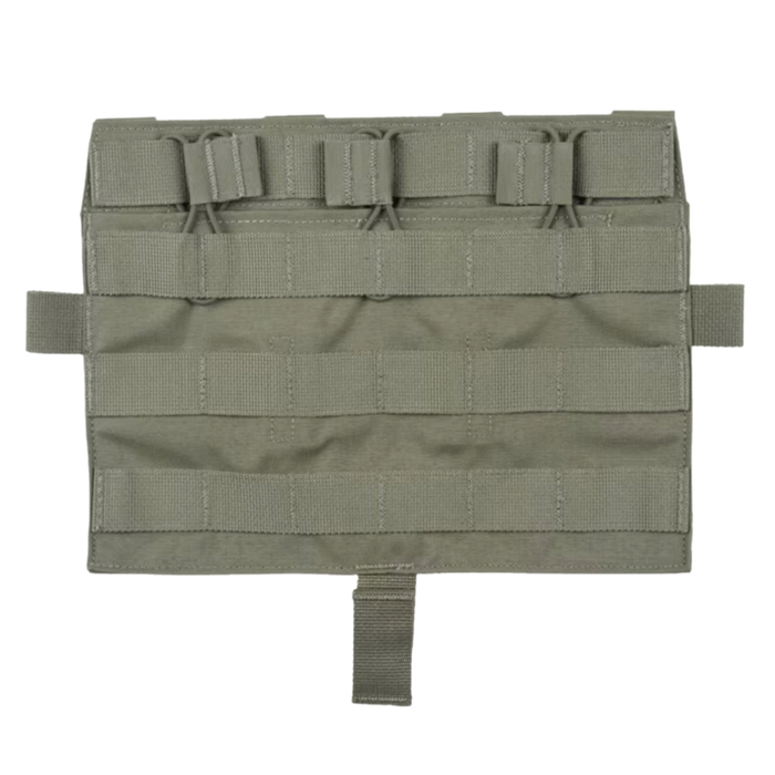 A back-facing view of the multicam tropic Crye AVS Flap, displaying the large, heavy-duty hook-and-loop backing and top webbing attachment loops used to securely fasten the panel to a plate carrier.