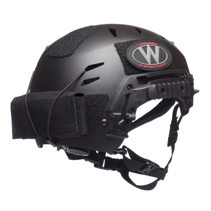 A right-side angled view of the black team wendy exfil counterweight kit in the large size, showing how it provides a flush fit and essential balance for front-heavy helmet accessories.