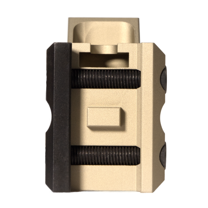 A detailed bottom view of the flat dark earth 2.26-inch optical centerline riser, showing the machined undercarriage and robust clamping mechanism that secures the system to a rifle rail.