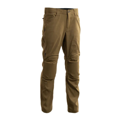 Frontal side view of the coyote Camas Pro Hunting Pants showing the built-in knee pockets in the foreground.