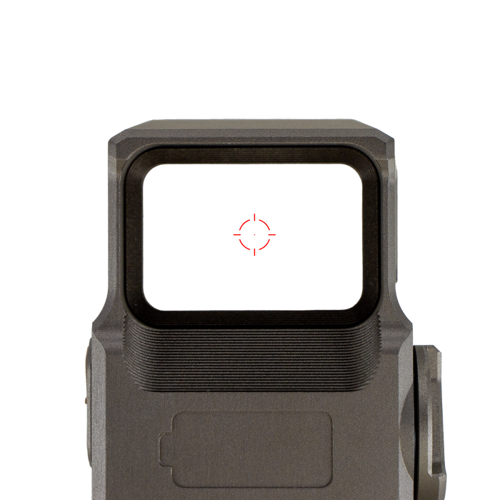 A close-up view through the rear window of the flat dark earth DOT EHS-1, showcasing the bright 1 MOA dot 65 MOA ring reticle used for fast and precise aiming.