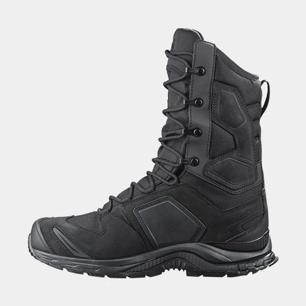A close-up view of the left side of the Salomon XA Forces 8 inch GTX EN tactical boot, detailing the thick nubuck leather profile, the heavy-duty Contagrip sole, and the supportive SensiFit system that wraps securely around the foot.