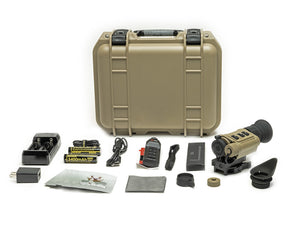 A comprehensive top-down view of all the components included with the iray rico micro v2, showing the thermal monocular alongside its protective hard case, rechargeable batteries, and mission-essential mounting hardware.