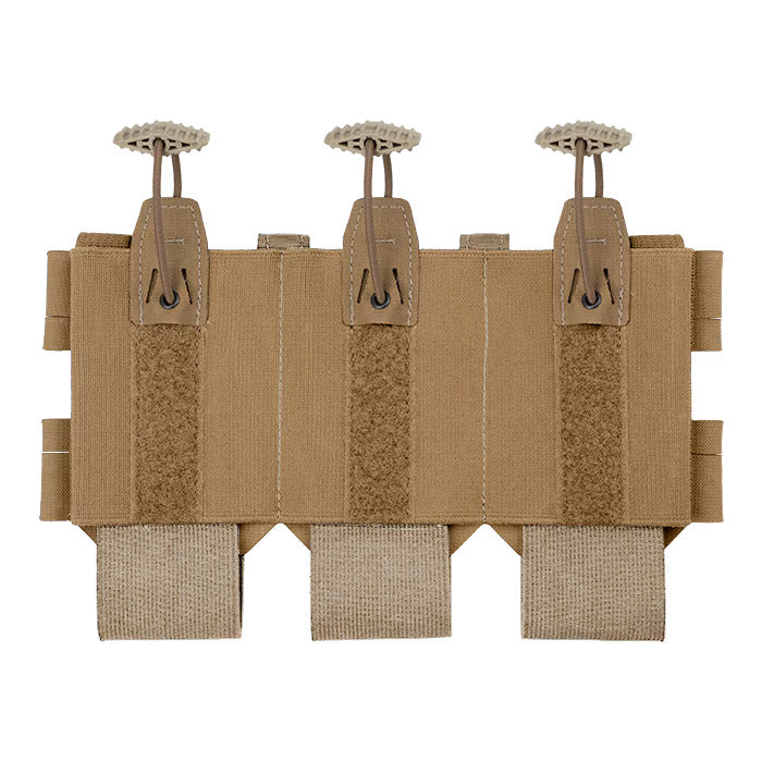 A front-facing view of the Coyote brown LPV M4 Lowdraw Triple magazine pouch against a white background, showcasing its three individual compartments equipped with elastic bottoms, vertical velcro strips, and secure shock cord pull-tabs at the top.