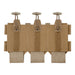 A front-facing view of the Coyote brown LPV M4 Lowdraw Triple magazine pouch against a white background, showcasing its three individual compartments equipped with elastic bottoms, vertical velcro strips, and secure shock cord pull-tabs at the top.