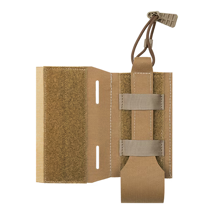 A front-facing view of the Coyote brown radio pouch, a vital component among chest rig accessories. The pouch features lightweight AIRLITE construction, horizontal mounting straps, and a secure top bungee cord with a pull tab.