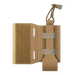 A front-facing view of the Coyote brown radio pouch, a vital component among chest rig accessories. The pouch features lightweight AIRLITE construction, horizontal mounting straps, and a secure top bungee cord with a pull tab.