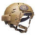 A right-side angled view of the counterweight for team wendy helmets in Coyote Brown, Small size, featuring three 0.25 lb weights to balance front-mounted gear like night vision goggles.