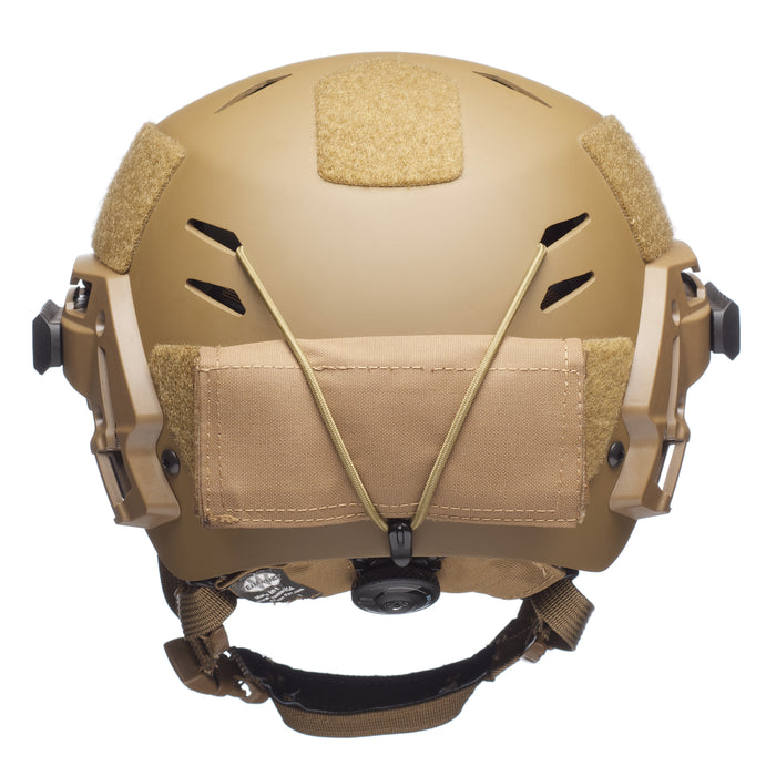 A direct rear view of a coyote brown team wendy exfil counterweight kit mounted on an EXFIL LTP bump helmet, showing how the large weight pouch integrates with the helmet's accessory rails for a secure, balanced fit.