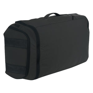 An image of a large, black, rectangular travel bag or duffel bag on a white background. the bag is shown at an angle, revealing a smooth main side panel, a top carry handle, and a structured end panel featuring a zippered closure and horizontal webbing straps.