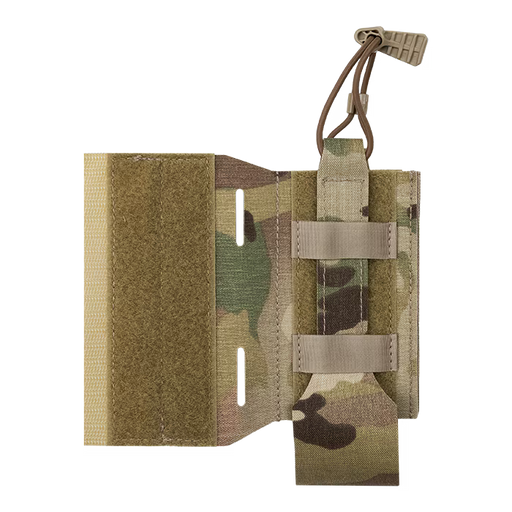 A front-facing view of the Crye Precision LPV Side Radio Pouch in a MultiCam pattern, featuring lightweight AIRLITE material, laser-cut mounting slots, and a top shock cord with a pull tab for secure radio retention.