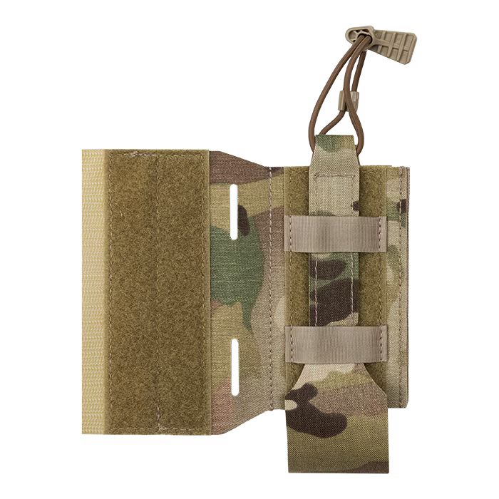 A front-facing view of the Crye Precision LPV Side Radio Pouch in a MultiCam pattern, featuring lightweight AIRLITE material, laser-cut mounting slots, and a top shock cord with a pull tab for secure radio retention.