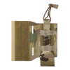 A front-facing view of the Crye Precision LPV Side Radio Pouch in a MultiCam pattern, featuring lightweight AIRLITE material, laser-cut mounting slots, and a top shock cord with a pull tab for secure radio retention.