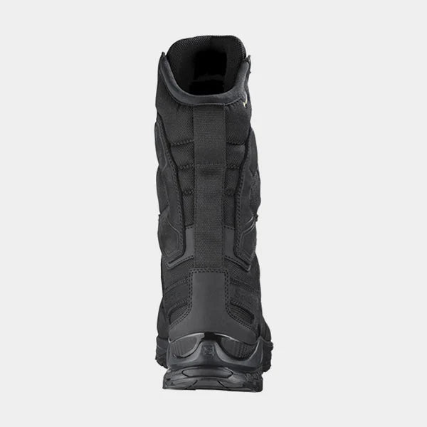A detailed close-up from the back of the Salomon XA Forces 8 GTX men's tactical boot, showing the reinforced heel support, thick ankle padding, and rugged traction on the heel of the outsole.