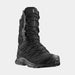 A detailed close-up view highlighting the heavy-duty stitching, thick nubuck leather, and secure lacing system on the Salomon XA Forces 8 GTX EN black tactical boot.