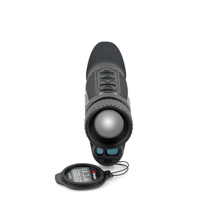 A direct frontal view of the LUMI H35R Rangefinding device with its protective cap open, prominently displaying the main thermal monocular lens and the laser aperture in the foreground.