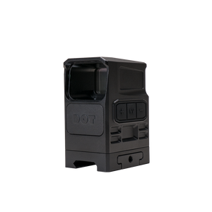 an image of the DOT EHS-1 L holographic sight in the color black and is presented in an isometric view where you an see the dial buttons on its side and the mount slots on the bottom where the holographic sight can easily be attached on the mount.