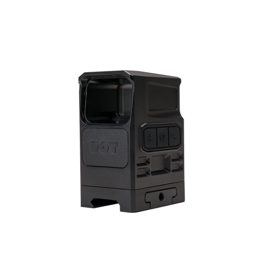 an image of the DOT EHS-1 L holographic sight in the color black and is presented in an isometric view where you an see the dial buttons on its side and the mount slots on the bottom where the holographic sight can easily be attached on the mount.