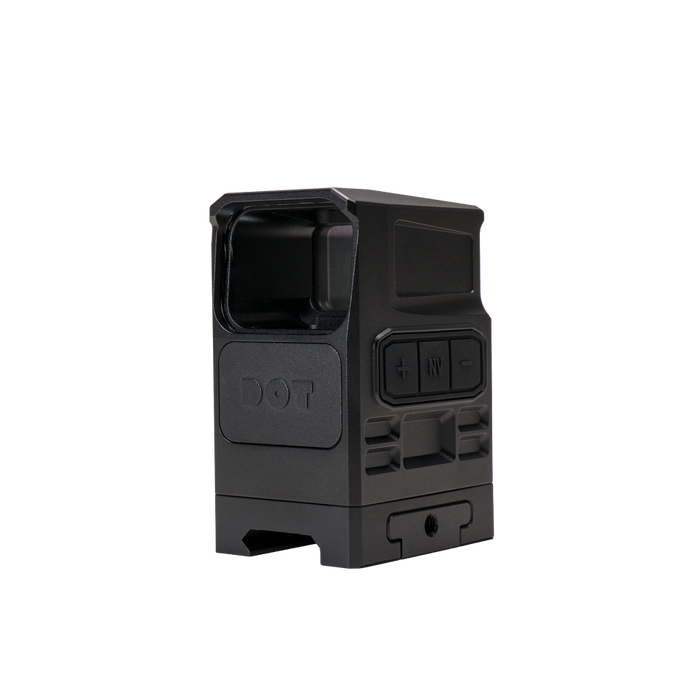 an image of the DOT EHS-1 L holographic sight in the color black and is presented in an isometric view where you an see the dial buttons on its side and the mount slots on the bottom where the holographic sight can easily be attached on the mount.