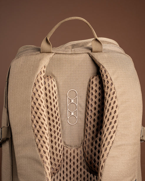 A detailed close-up shot of the Eberlestock Brute Scout Daypack's upper section, focusing on the heavy-duty reinforced top carry handle, the embroidered Eberlestock logo, and the thick, ventilated air-mesh padding that lines the back panel for superior cooling.