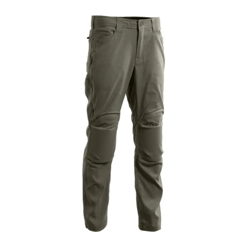 Frontal angled view of the fall green Eberlestock Camas Pro Bottoms highlighting the built-in knee pockets in the foreground.