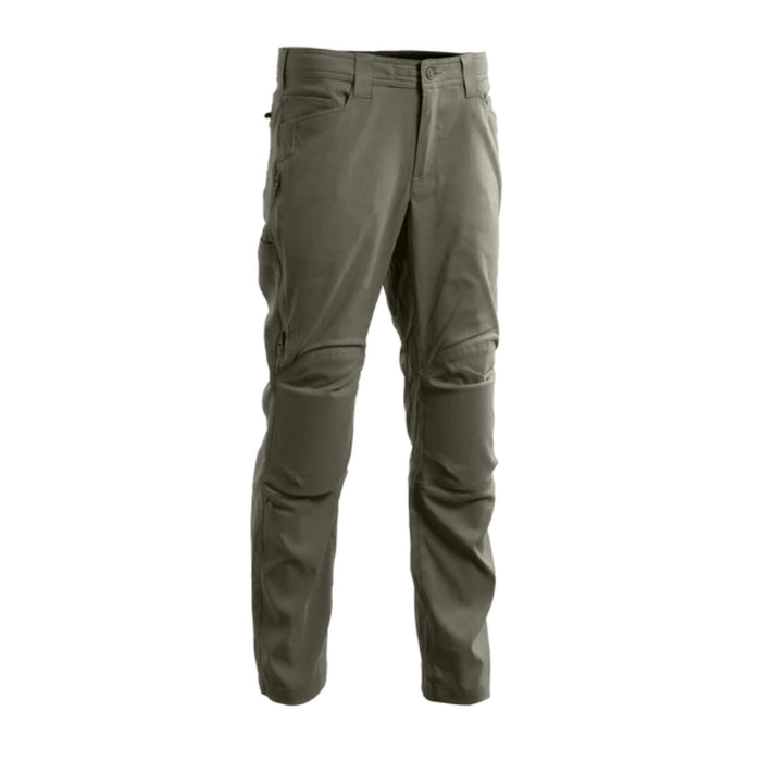Frontal angled view of the fall green Eberlestock Camas Pro Bottoms highlighting the built-in knee pockets in the foreground.