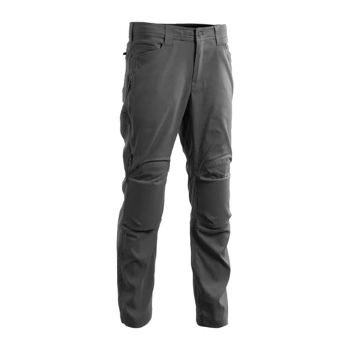 Frontal angled view of the gunmetal Eberlestock Camas Professional Pants displaying the built-in knee pockets in the foreground.