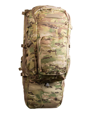 A frontal view of the Eberlestock Spectre 50L Military Backpack in Multicam camouflage, showcasing the rugged tactical design and the wide-profile RAID scabbard.