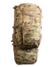 A frontal view of the Eberlestock Spectre 50L Military Backpack in Multicam camouflage, showcasing the rugged tactical design and the wide-profile RAID scabbard.