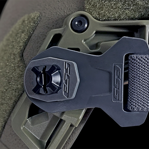 Close-up view of the ESS Pivot Rail Mount attached to a Team Wendy EXFIL helmet rail.